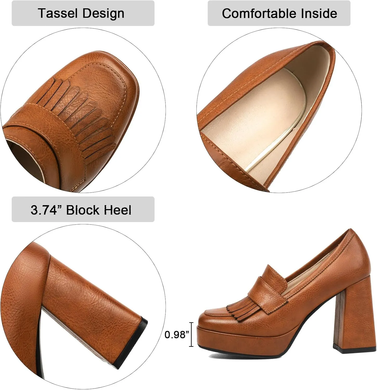 Alsoloveu Women's Platform High Heel Loafers Square Toe Chunky Heels Slip On Pump Shoes with Tassel Decor