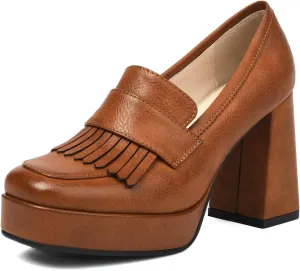 Alsoloveu Women's Platform High Heel Loafers Square Toe Chunky Heels Slip On Pump Shoes with Tassel Decor