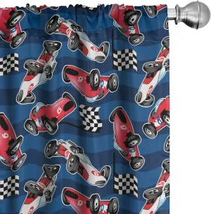 Ambesonne Cars Window Curtains Pack of 2, Vintage Racing Cars on Blue Stripes with Checkered Flags Automobile Sports, Lightweight Set with Rod Pocket, 4 Panels of - 28" x 95", Navy Blue