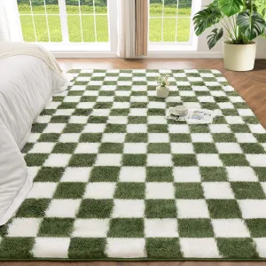 Andency 5x7 Ft Green and White Area Rug for Living Room Classic Checkered Shaggy Rug Non-Slip High Pile Soft Fluffy Rug Fuzzy Carpet Bedroom Kids Toddler Room Nursery Playroom, Cute Dorm Home Decor