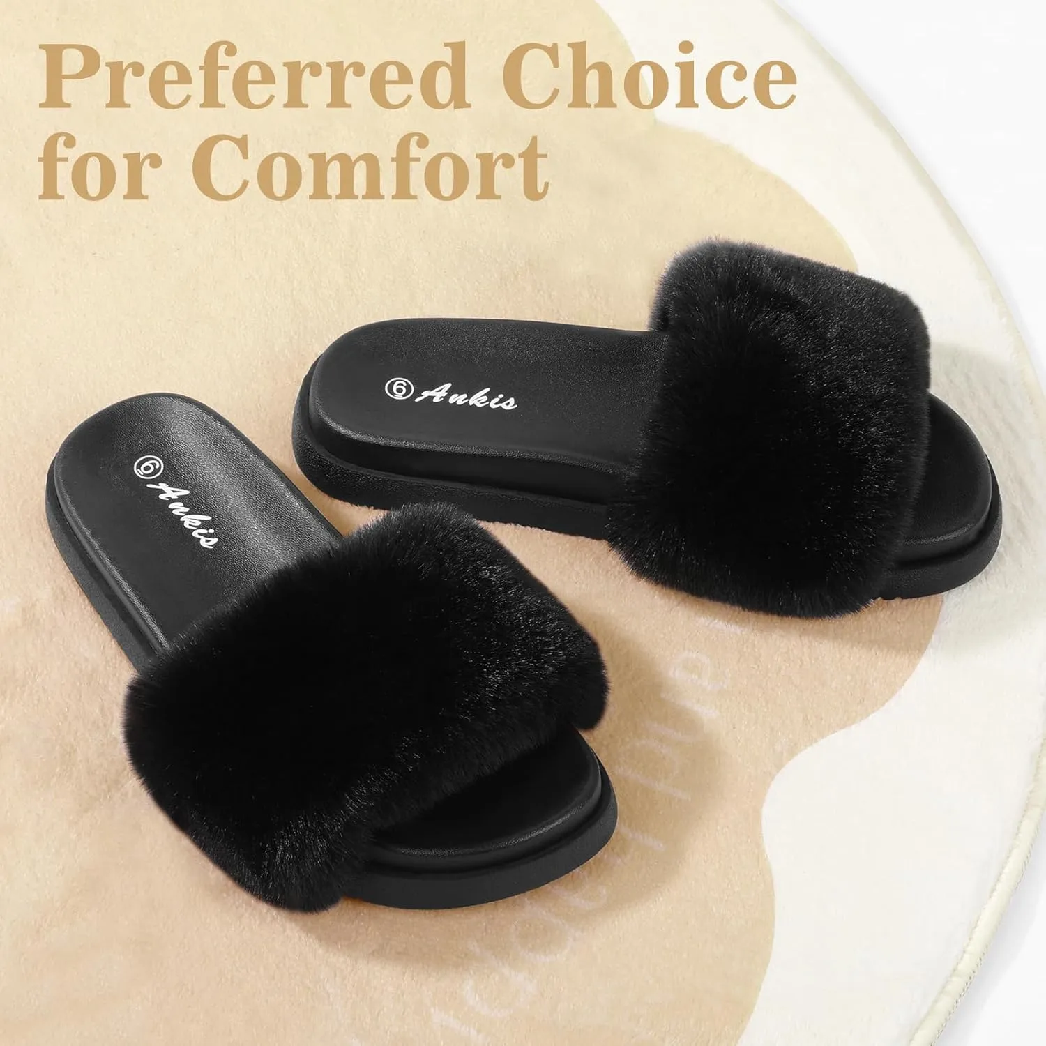 Ankis Black Pink Grey Camel Fur Slides-Cute Chic Versatile Pretty Soft Platform Slides, Open Toe, Non-slip Womens House Fluffy Slippers, Fuzzy Slippers for Women Indoor Outdoor, All Seasons
