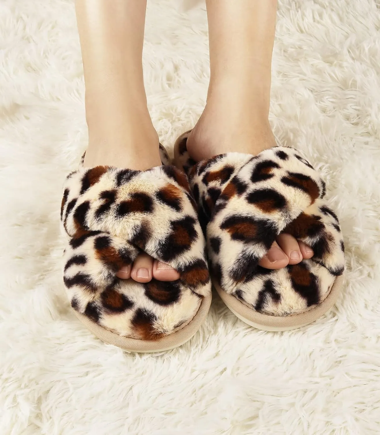 Ankis Womens Fuzzy Memory Foam Slippers Cross Band Cozy Plush Home Slippers Fluffy Furry Open Toe House Shoes Indoor Outdoor Slide Slipper