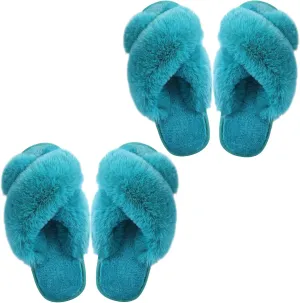 Ankis Women's Plush Slippers with Cross Band, Warm Slippers, 2 Pairs of Memory Foam and Open Toe, Fluffy Slippers for Indoor and Outdoor Use (White, Black, Grey, Pink, Camel)