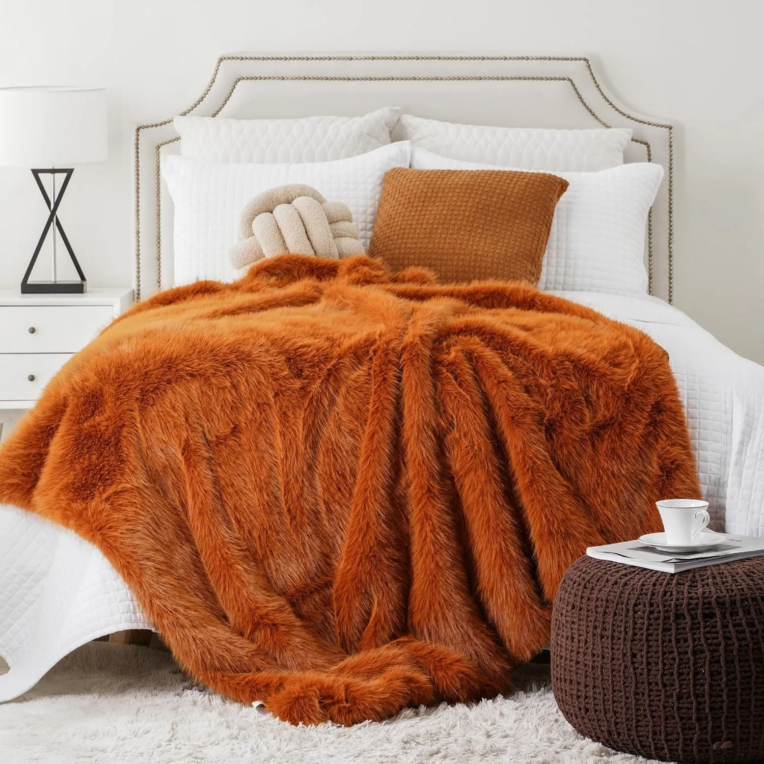 BATTILO HOME Luxury Fall Faux Fur Throw Blanket, Rust Orange Fur Blankets and Throw for Couch, Sofa, Chair, Bed, Soft Plush Warm Fuzzy Cozy Fur Throws with Long Pile, Fall Decor, 60"x80"