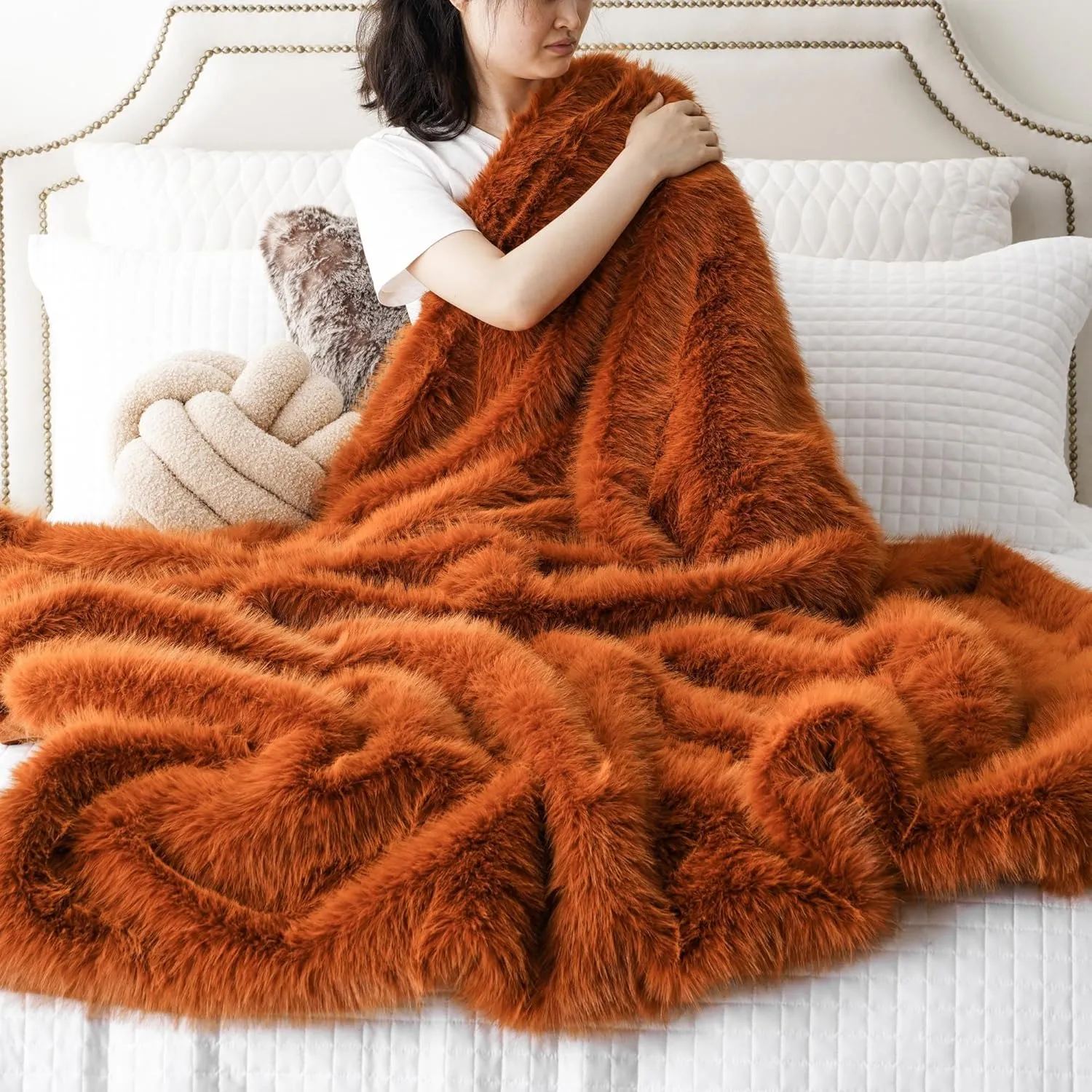 BATTILO HOME Luxury Fall Faux Fur Throw Blanket, Rust Orange Fur Blankets and Throw for Couch, Sofa, Chair, Bed, Soft Plush Warm Fuzzy Cozy Fur Throws with Long Pile, Fall Decor, 60"x80"