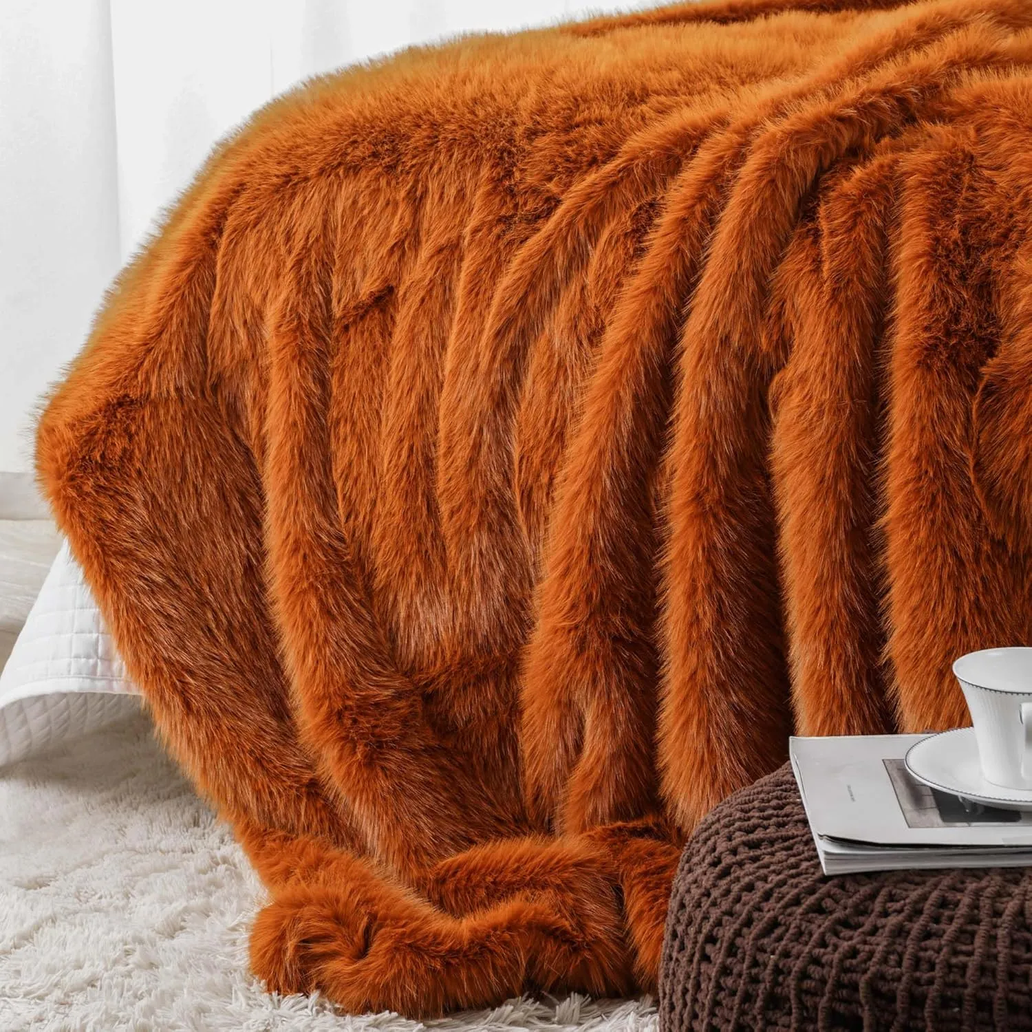 BATTILO HOME Luxury Fall Faux Fur Throw Blanket, Rust Orange Fur Blankets and Throw for Couch, Sofa, Chair, Bed, Soft Plush Warm Fuzzy Cozy Fur Throws with Long Pile, Fall Decor, 60"x80"