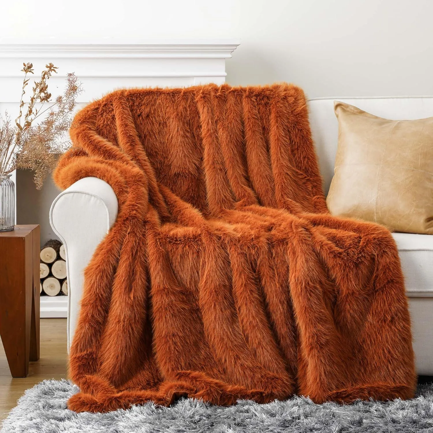 BATTILO HOME Luxury Fall Faux Fur Throw Blanket, Rust Orange Fur Blankets and Throw for Couch, Sofa, Chair, Bed, Soft Plush Warm Fuzzy Cozy Fur Throws with Long Pile, Fall Decor, 60"x80"