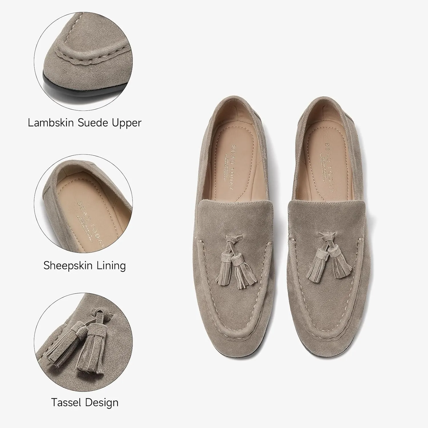 BEAU TODAY Suede Tassel Loafers for Women, Slip On Flats Shoes Women Comfortable, Lightweight Ladies Loafers Shoes Dress Casual Business Driving Moccasins for Work