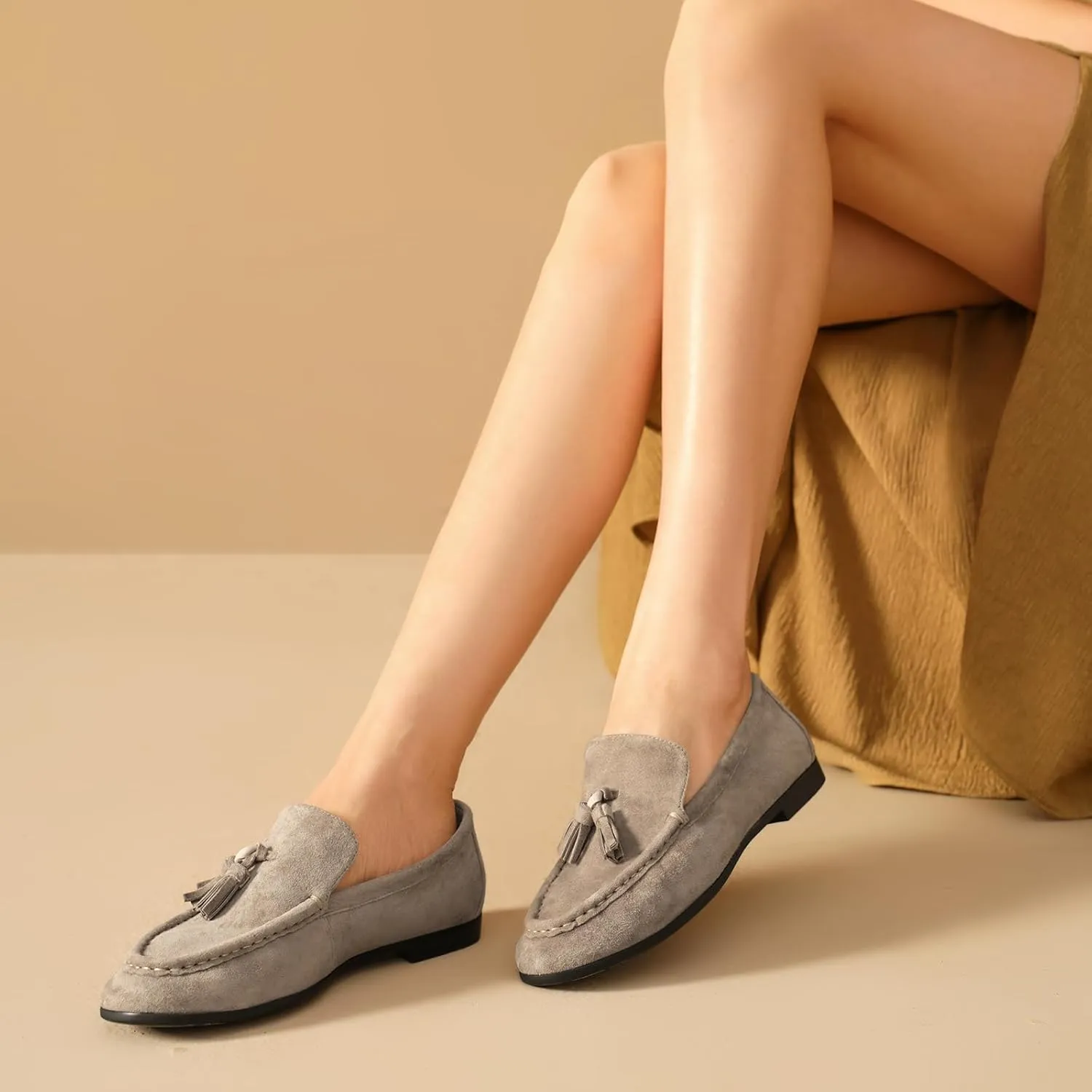 BEAU TODAY Suede Tassel Loafers for Women, Slip On Flats Shoes Women Comfortable, Lightweight Ladies Loafers Shoes Dress Casual Business Driving Moccasins for Work