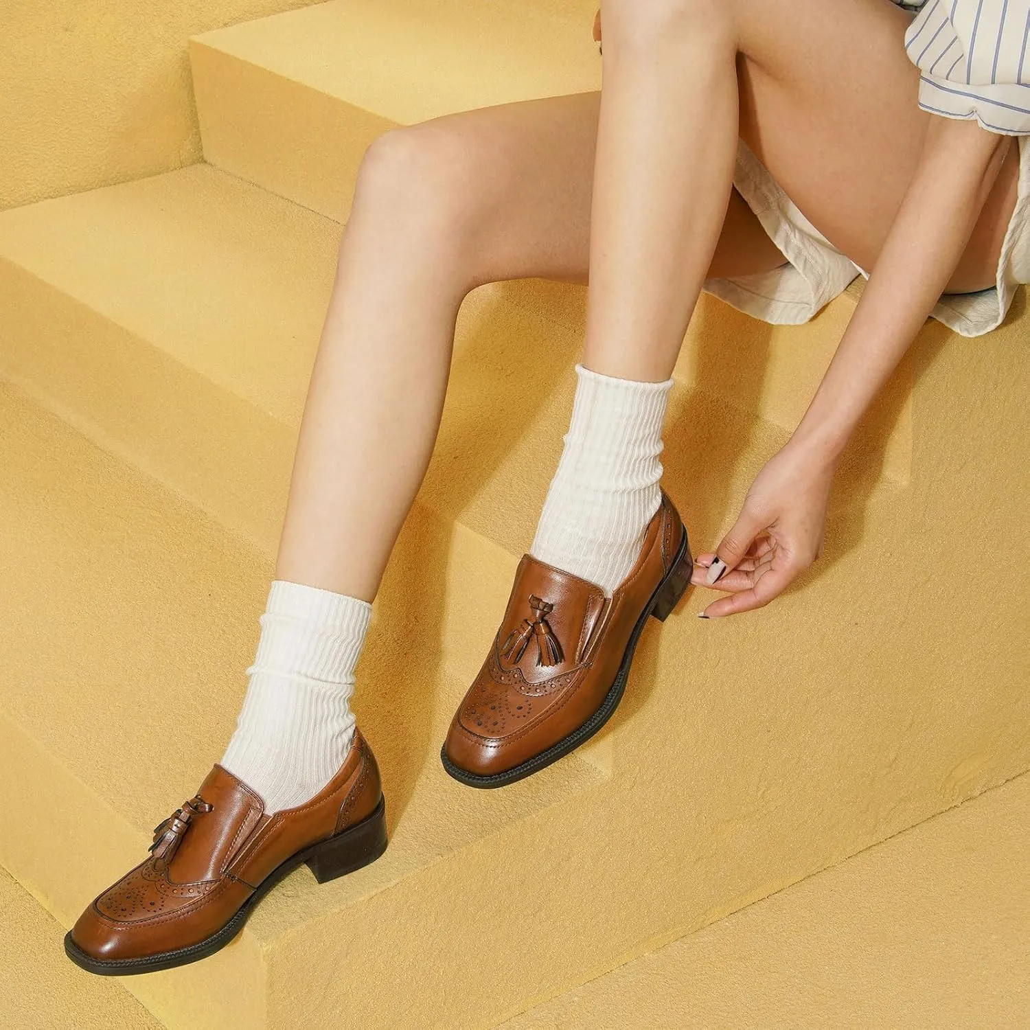 BEAU TODAY Women Loafers, Leather Tassel Loafers Women, Low Heel Flat Loafer, Slip On Square Toe Loafer, Comfortable Business Casual Dressy Brogues Shoes
