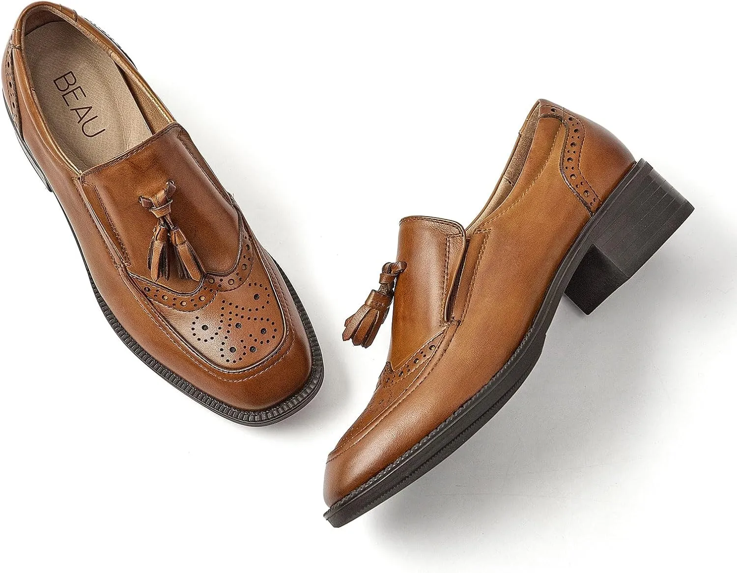 BEAU TODAY Women Loafers, Leather Tassel Loafers Women, Low Heel Flat Loafer, Slip On Square Toe Loafer, Comfortable Business Casual Dressy Brogues Shoes