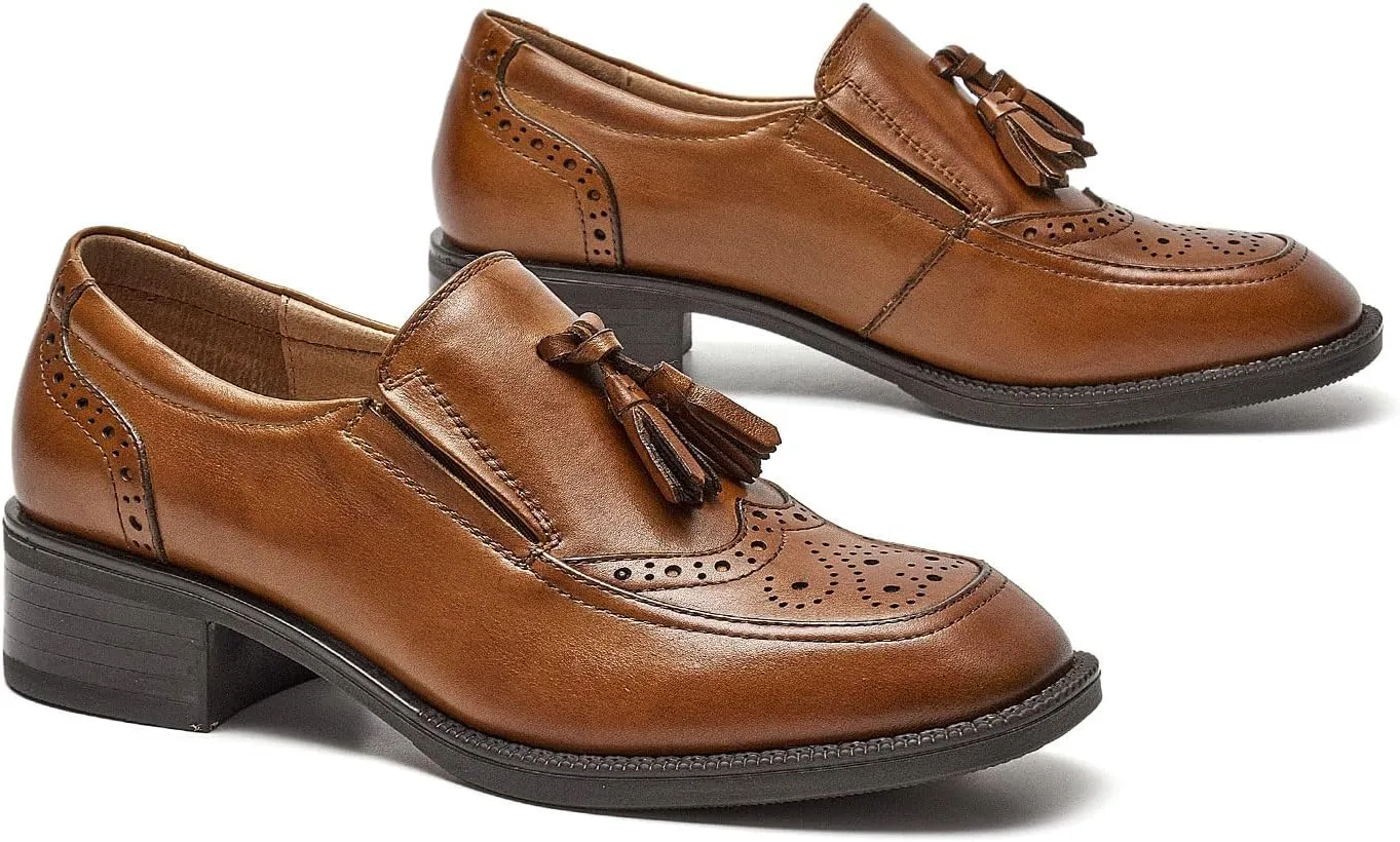 BEAU TODAY Women Loafers, Leather Tassel Loafers Women, Low Heel Flat Loafer, Slip On Square Toe Loafer, Comfortable Business Casual Dressy Brogues Shoes
