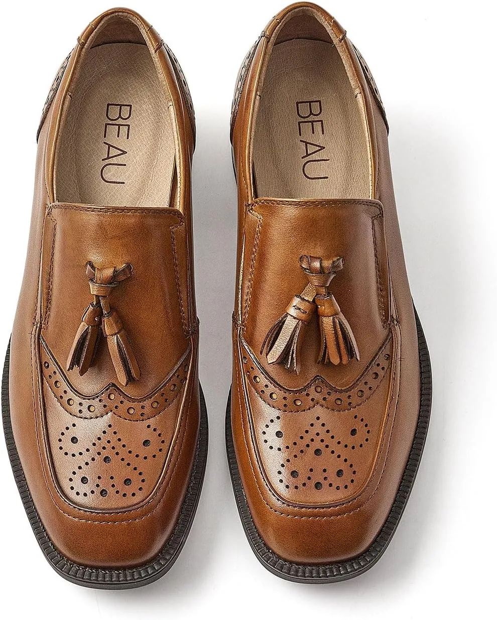BEAU TODAY Women Loafers, Leather Tassel Loafers Women, Low Heel Flat Loafer, Slip On Square Toe Loafer, Comfortable Business Casual Dressy Brogues Shoes