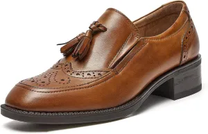 BEAU TODAY Women Loafers, Leather Tassel Loafers Women, Low Heel Flat Loafer, Slip On Square Toe Loafer, Comfortable Business Casual Dressy Brogues Shoes