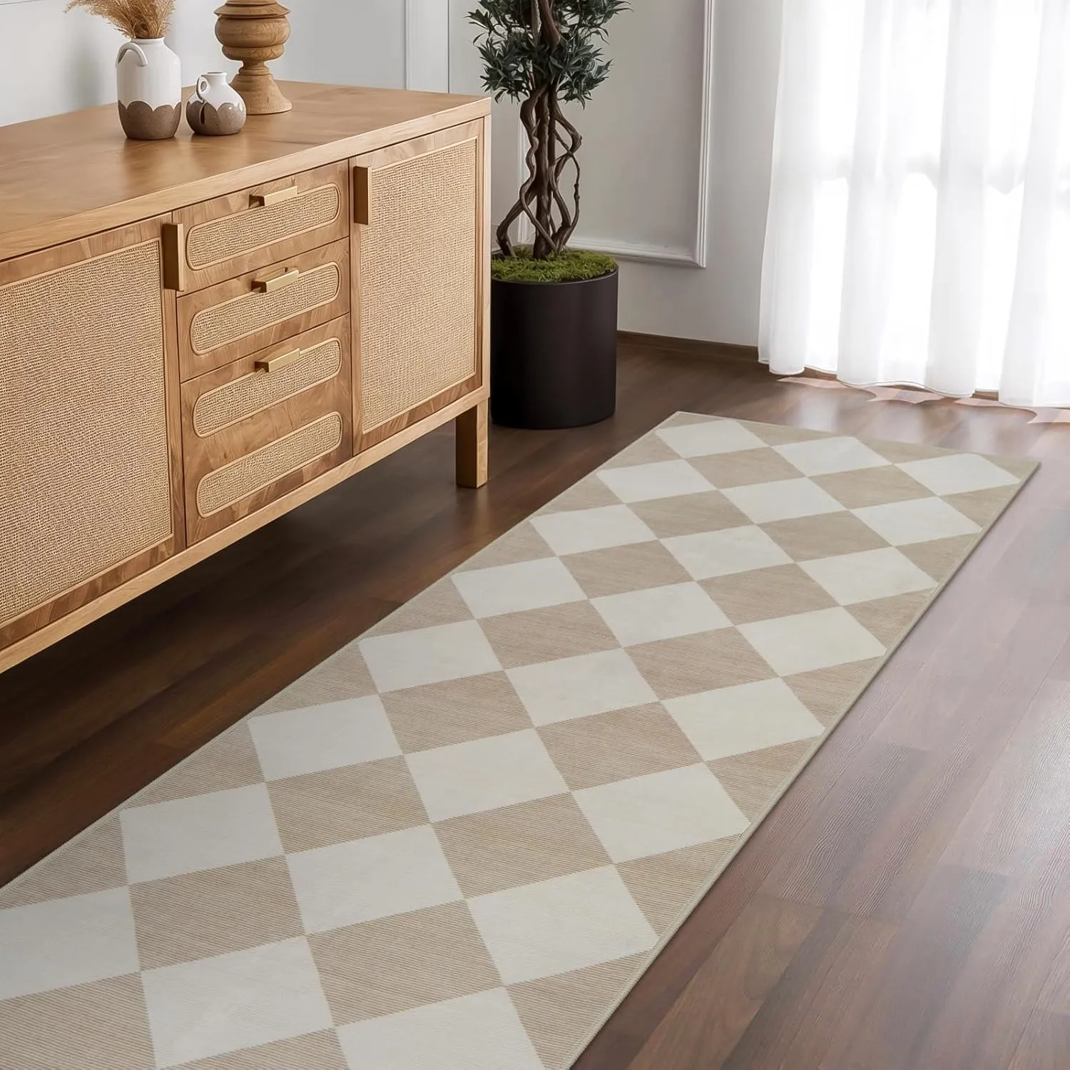 Beeiva Checkered Carpet Runners for Hallway 12ft, Beige Neutral Washable Long Hallway Runner Rug 2.5x12, Moroccan Ultra Thin Rug for Kitchen