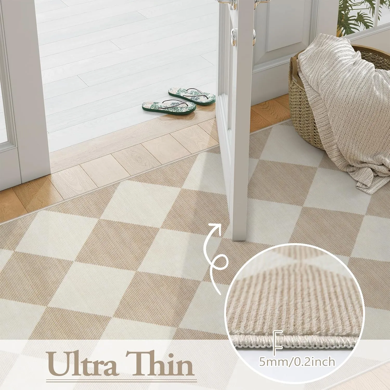 Beeiva Checkered Carpet Runners for Hallway 12ft, Beige Neutral Washable Long Hallway Runner Rug 2.5x12, Moroccan Ultra Thin Rug for Kitchen