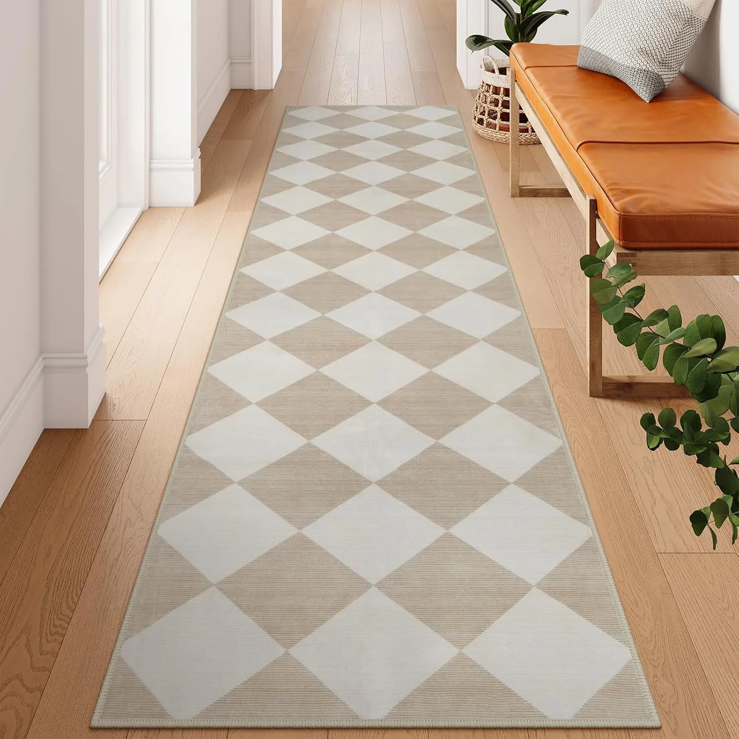 Beeiva Checkered Carpet Runners for Hallway 12ft, Beige Neutral Washable Long Hallway Runner Rug 2.5x12, Moroccan Ultra Thin Rug for Kitchen