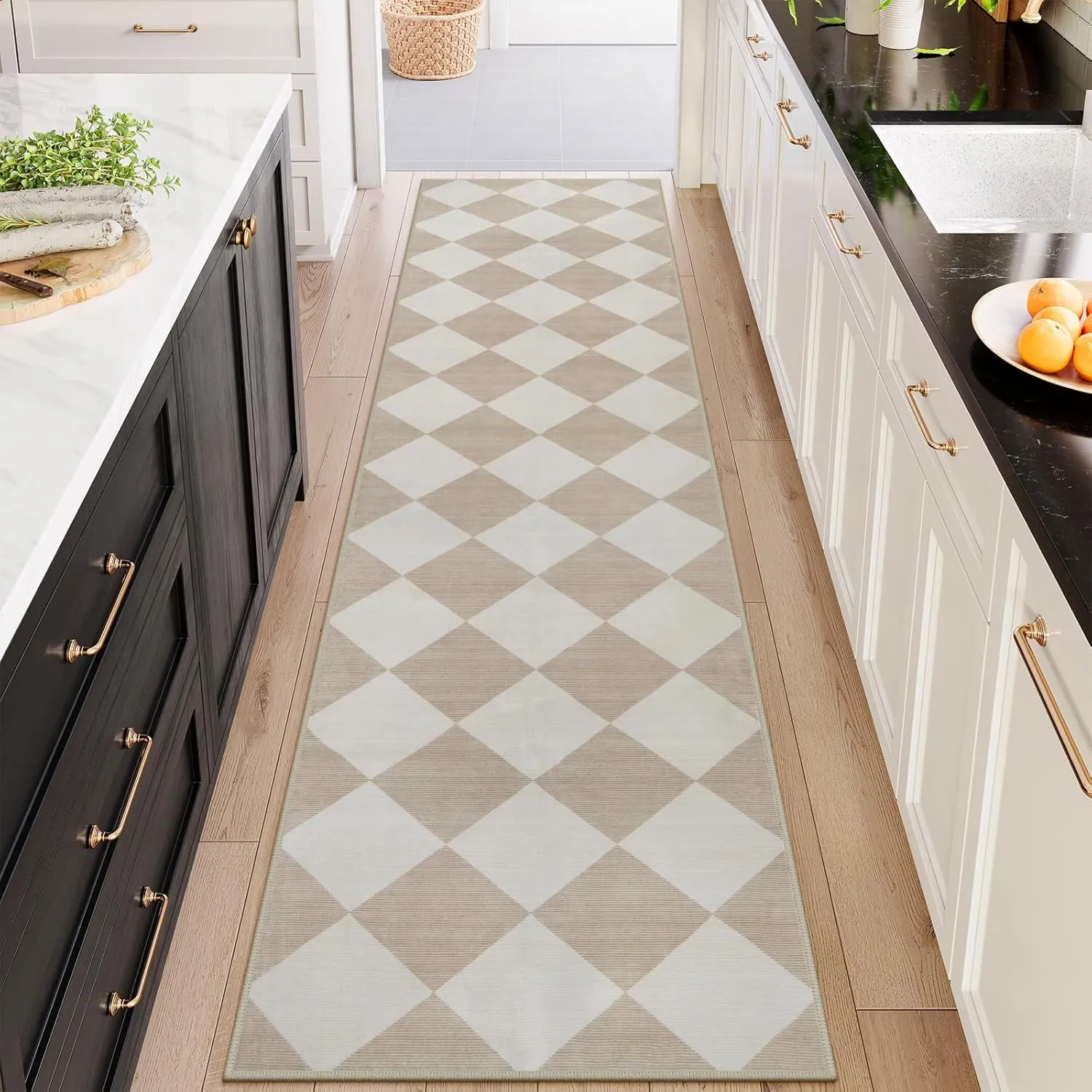 Beeiva Checkered Carpet Runners for Hallway 12ft, Beige Neutral Washable Long Hallway Runner Rug 2.5x12, Moroccan Ultra Thin Rug for Kitchen