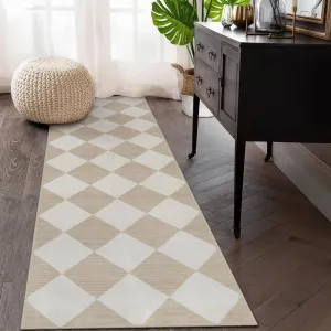 Beeiva Checkered Carpet Runners for Hallway 12ft, Beige Neutral Washable Long Hallway Runner Rug 2.5x12, Moroccan Ultra Thin Rug for Kitchen
