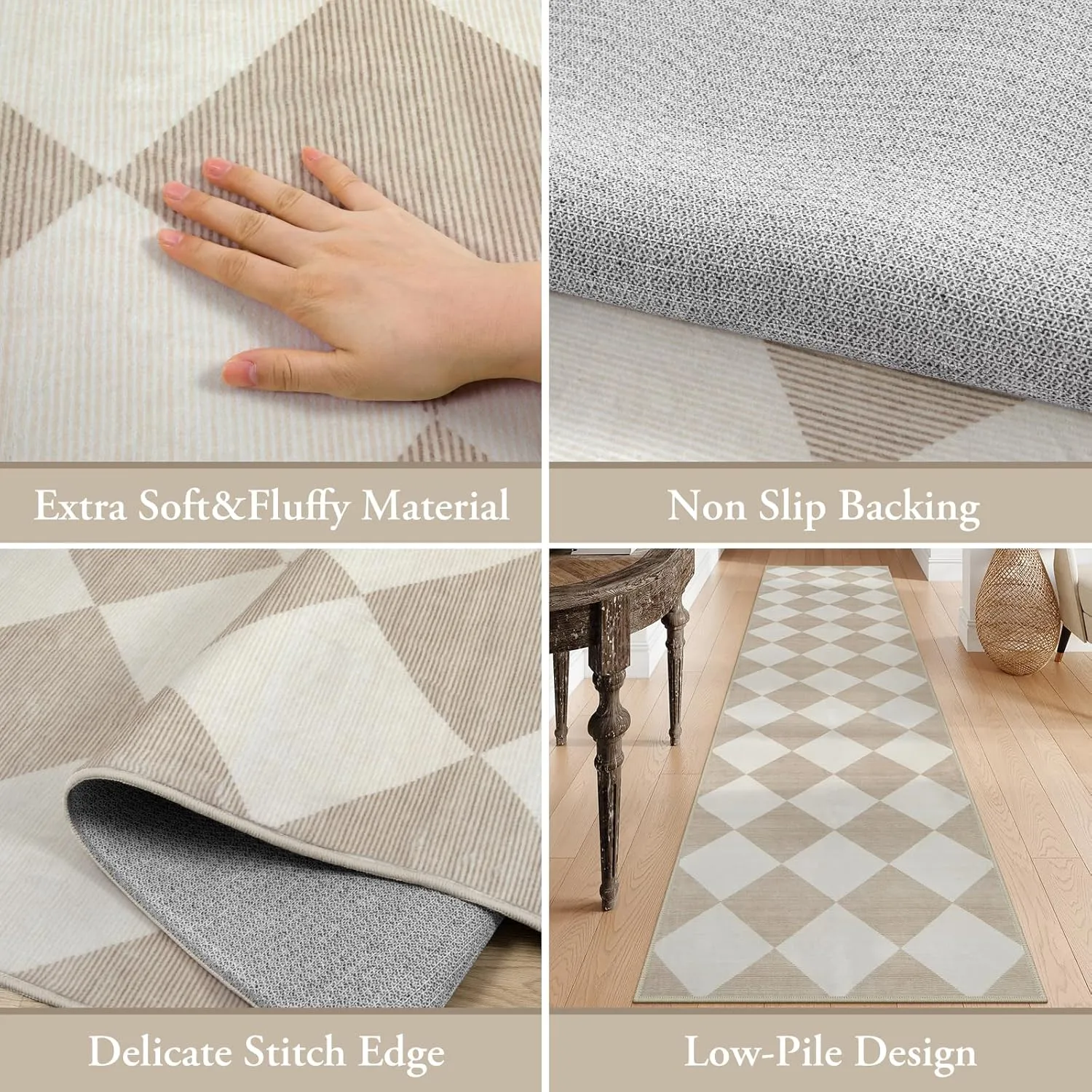 Beeiva Checkered Carpet Runners for Hallway 12ft, Beige Neutral Washable Long Hallway Runner Rug 2.5x12, Moroccan Ultra Thin Rug for Kitchen