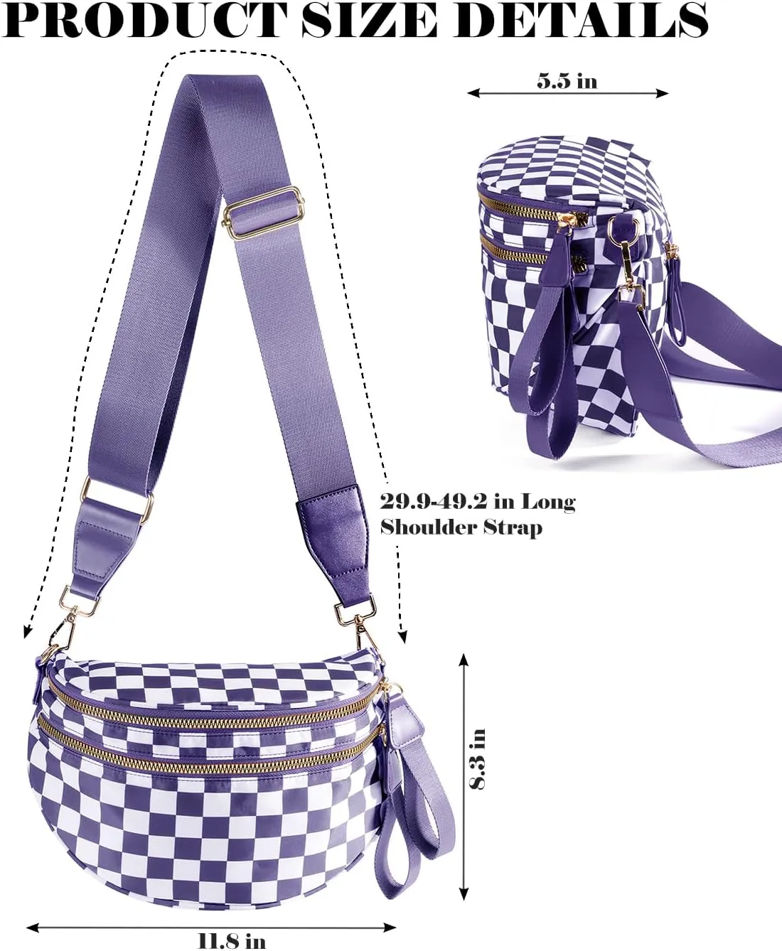 Black and White Checkered Crossbody Bag Bum Bag for Women,Spacious Checkered Purse Fanny Packs Belt Bag