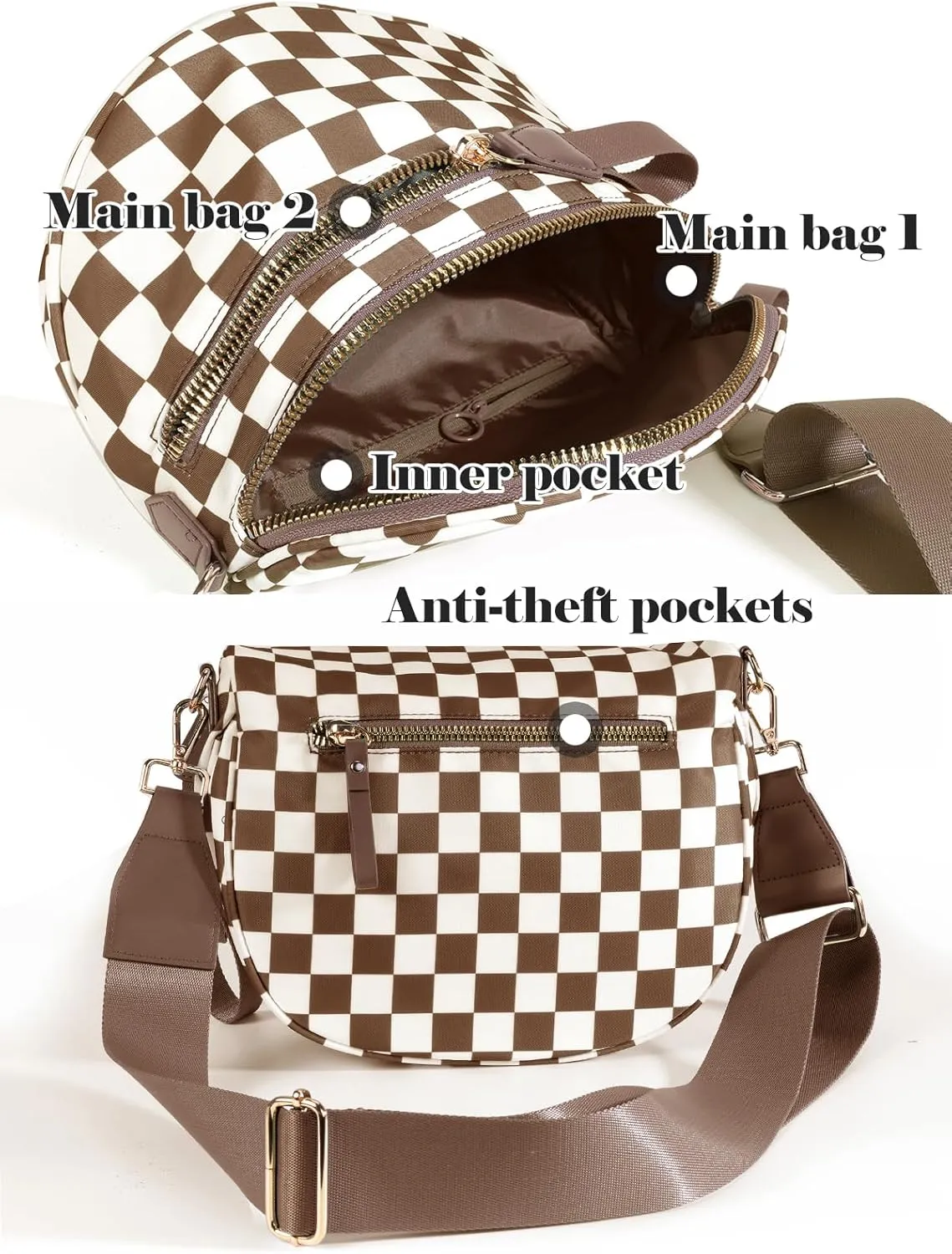 Black and White Checkered Crossbody Bag Bum Bag for Women,Spacious Checkered Purse Fanny Packs Belt Bag