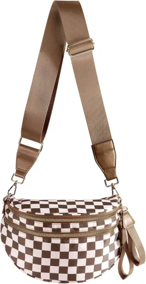 Black and White Checkered Crossbody Bag Bum Bag for Women,Spacious Checkered Purse Fanny Packs Belt Bag