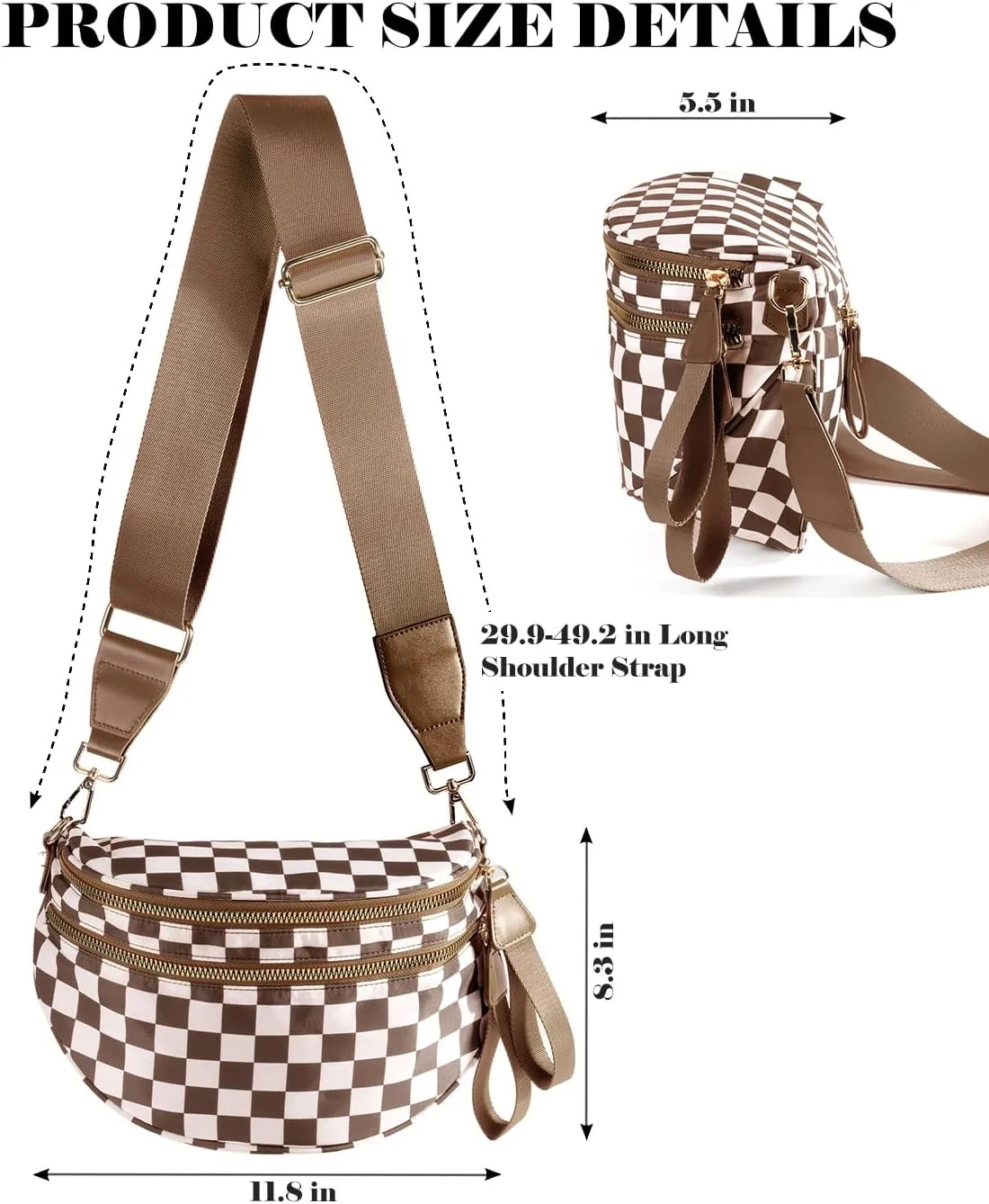 Black and White Checkered Crossbody Bag Bum Bag for Women,Spacious Checkered Purse Fanny Packs Belt Bag