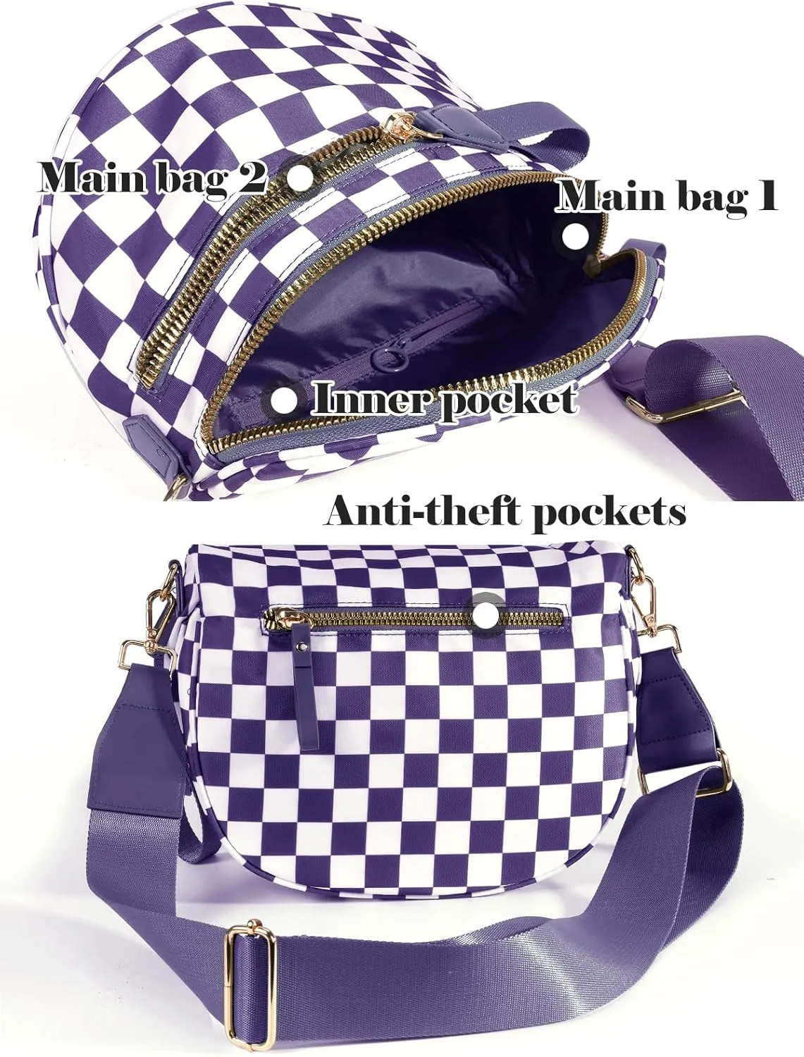 Black and White Checkered Crossbody Bag Bum Bag for Women,Spacious Checkered Purse Fanny Packs Belt Bag