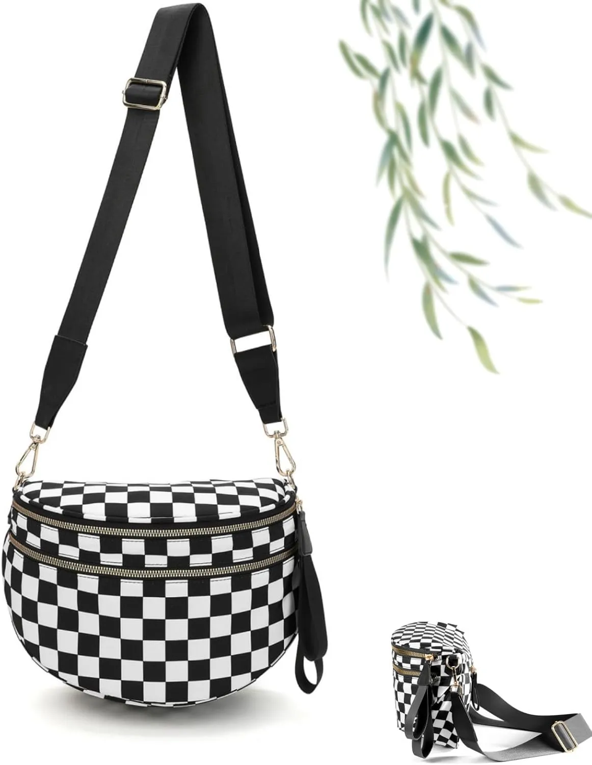 Black and White Checkered Crossbody Bag, Nuvore Crossbody Bag, Checkered Bum Bag Crossbody with Adjustable Strap