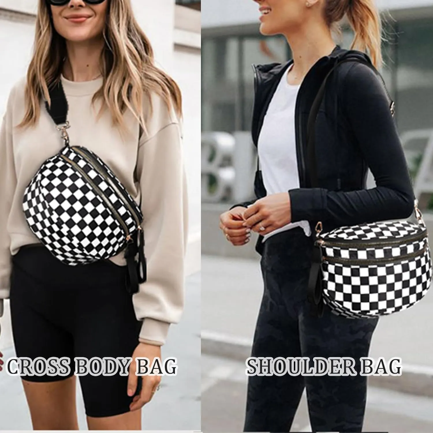 Black and White Checkered Crossbody Bag, Nuvore Crossbody Bag, Checkered Bum Bag Crossbody with Adjustable Strap