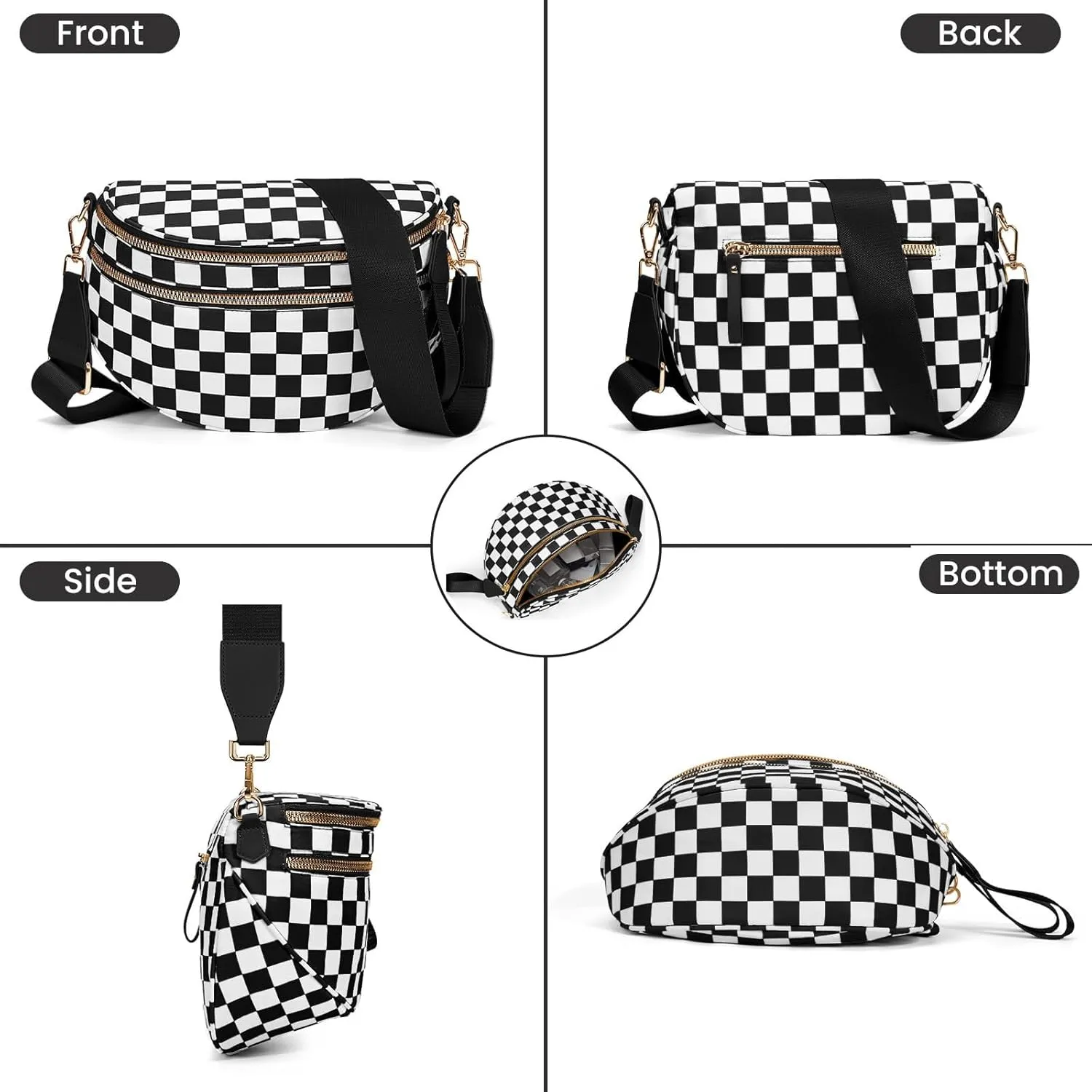 Black and White Checkered Crossbody Bag, Nuvore Crossbody Bag, Checkered Bum Bag Crossbody with Adjustable Strap