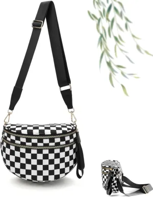 Black and White Checkered Crossbody Bag, Nuvore Crossbody Bag, Checkered Bum Bag Crossbody with Adjustable Strap