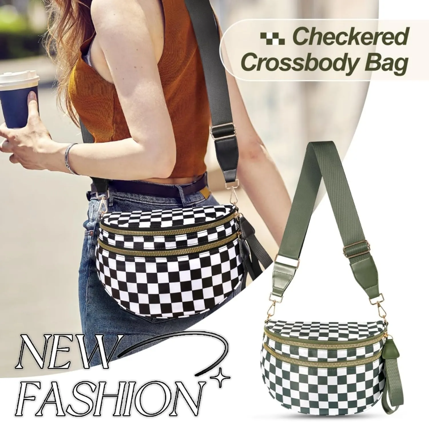 Black and White Checkered Crossbody Bag, Nuvore Crossbody Bag, Checkered Bum Bag Crossbody with Adjustable Strap
