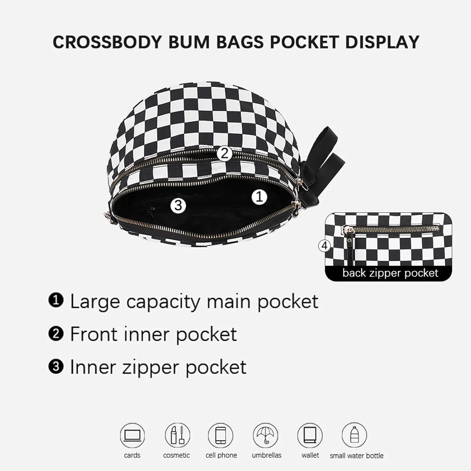 Black and White Checkered Crossbody Bag, Nuvore Crossbody Bag, Checkered Bum Bag Crossbody with Adjustable Strap