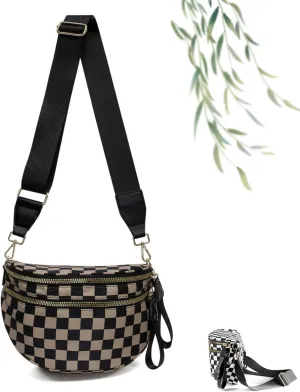 Black and White Checkered Crossbody Bag, Nuvore Crossbody Bag, Checkered Bum Bag Crossbody with Adjustable Strap