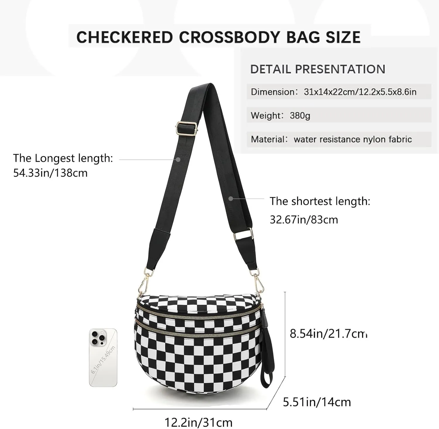 Black and White Checkered Crossbody Bag, Nuvore Crossbody Bag, Checkered Bum Bag Crossbody with Adjustable Strap