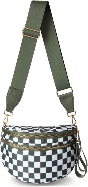 Black and White Checkered Crossbody Bum Bag, Spacious Design for Essentials Plus Size Friendly Strap 55"