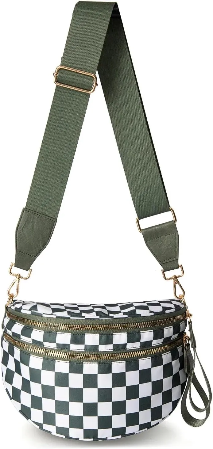 Black and White Checkered Crossbody Bum Bag, Spacious Design for Essentials Plus Size Friendly Strap 55"