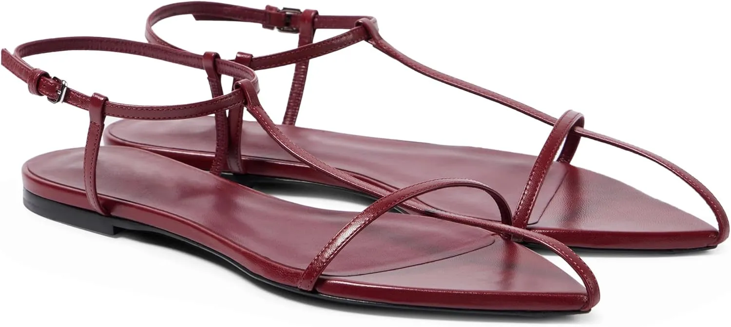 Black Flat Sandals for Women Adjustable Metallic Buckle Ankle Strap Slide Sandals Comfortable Pointed Open Toe Slip on Sandal