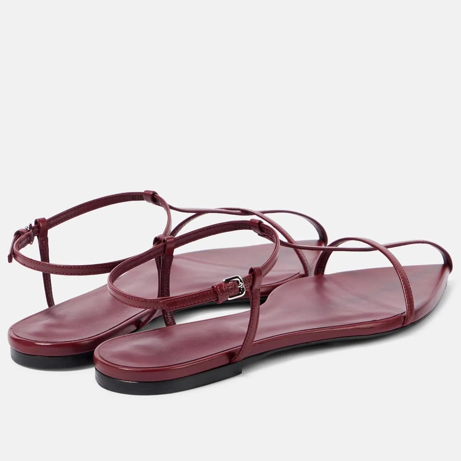 Black Flat Sandals for Women Adjustable Metallic Buckle Ankle Strap Slide Sandals Comfortable Pointed Open Toe Slip on Sandal