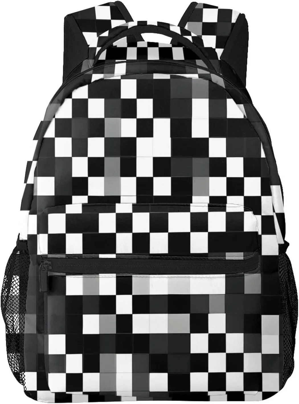 Black White Formula Checkered Pattern Print Laptop Backpack Stylish Bookbag College Daypack Travel Business Work Bag For Men Women