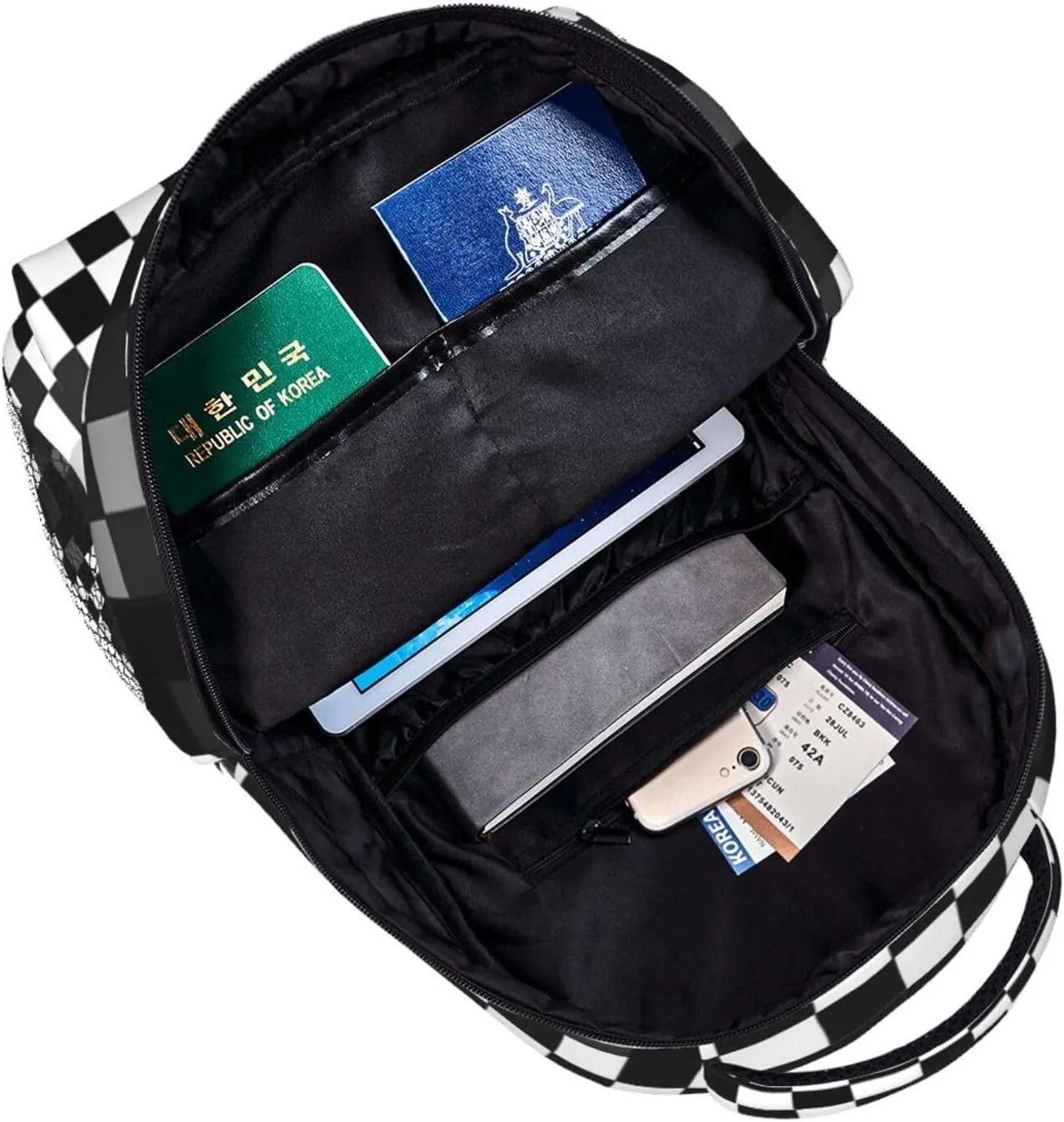 Black White Formula Checkered Pattern Print Laptop Backpack Stylish Bookbag College Daypack Travel Business Work Bag For Men Women