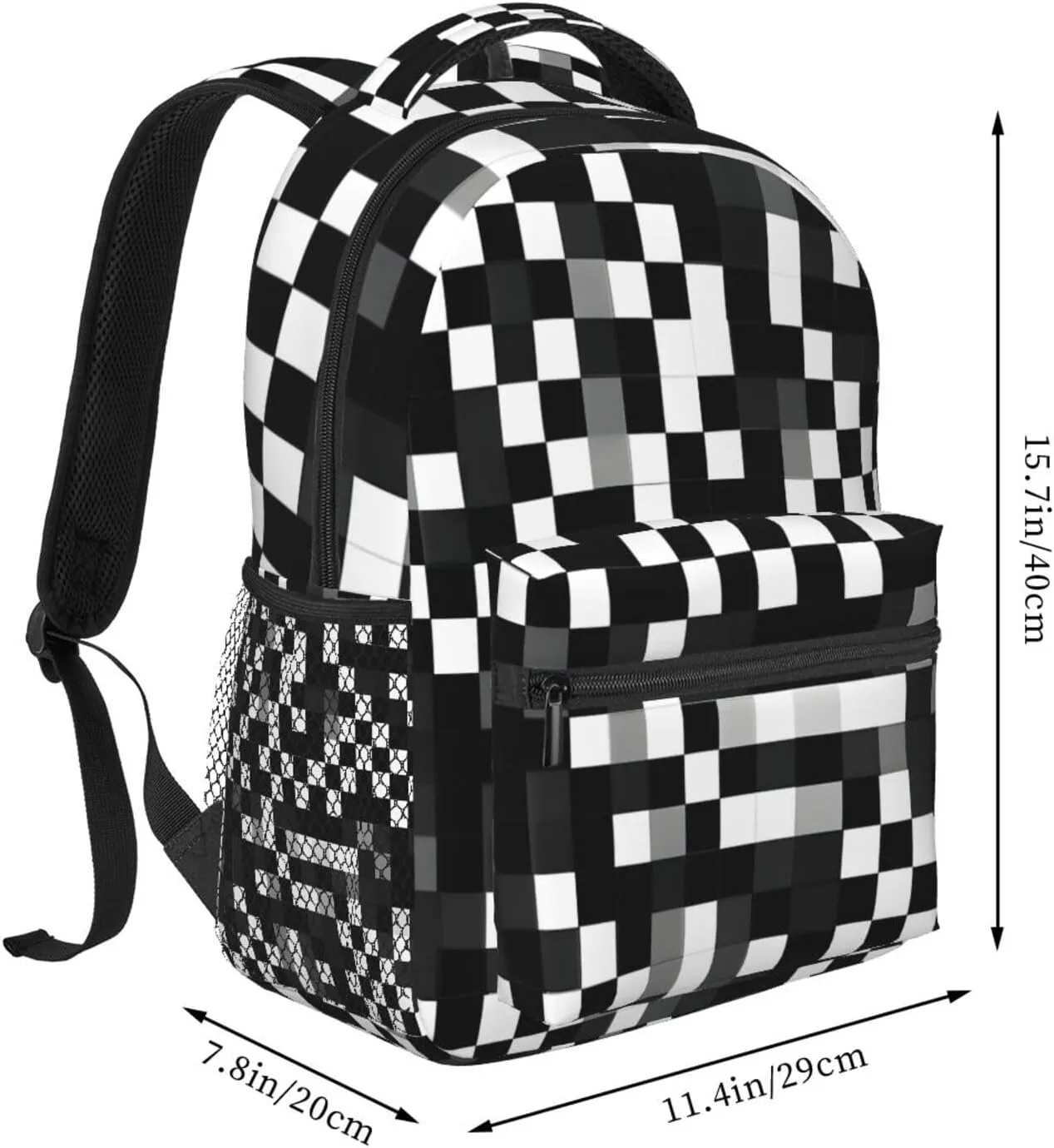Black White Formula Checkered Pattern Print Laptop Backpack Stylish Bookbag College Daypack Travel Business Work Bag For Men Women