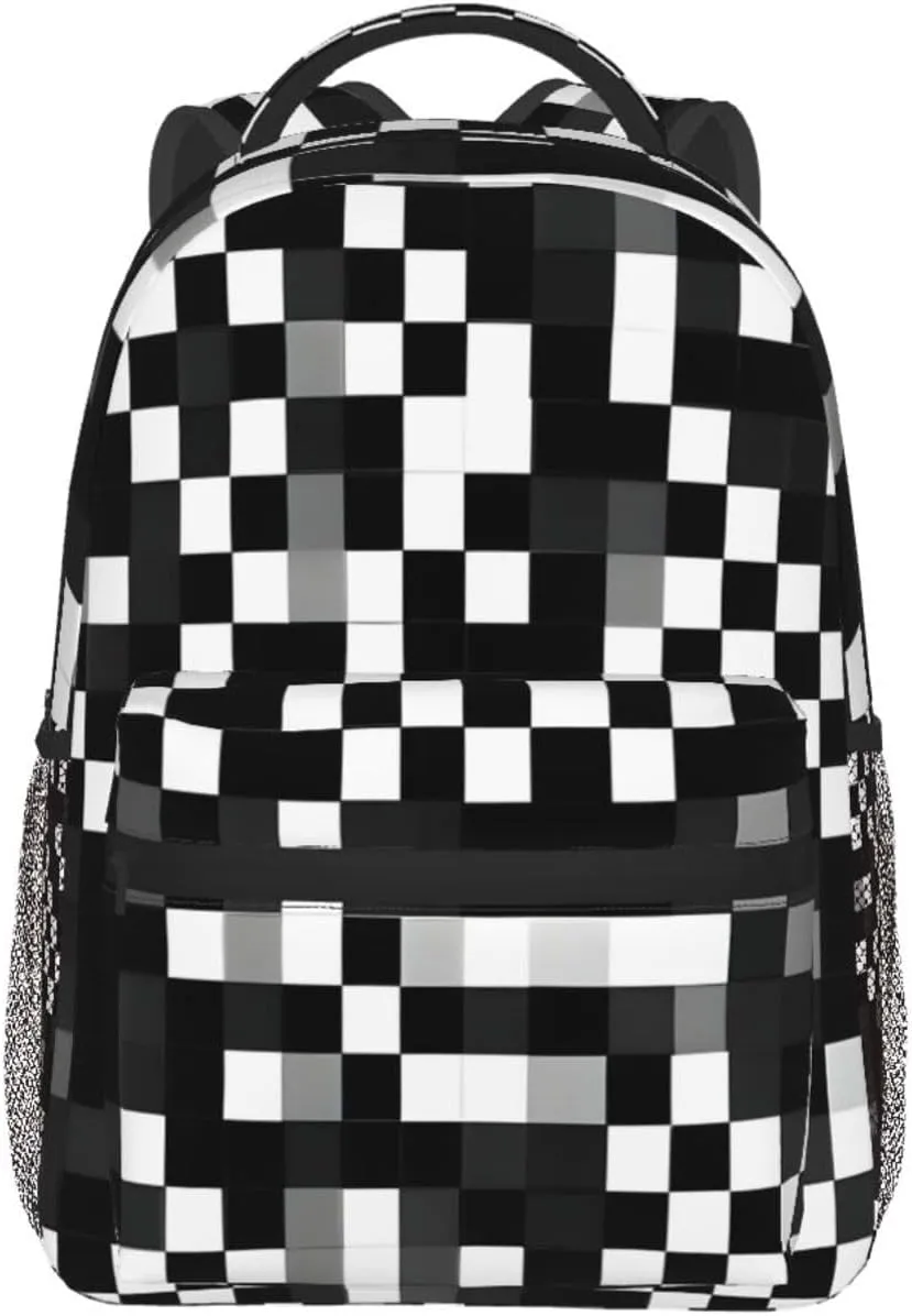 Black White Formula Checkered Pattern Print Laptop Backpack Stylish Bookbag College Daypack Travel Business Work Bag For Men Women