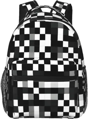 Black White Formula Checkered Pattern Print Laptop Backpack Stylish Bookbag College Daypack Travel Business Work Bag For Men Women
