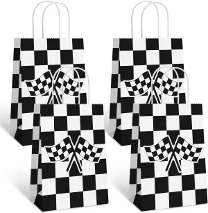 Bsitao 16 PCS Checkered Racing Treat Bags Race Car Party Favors Bag with Handles Black and White Checkered Racing Flag Candy Bags Goodie Bags for Race Car Themed Birthday Party Supplies