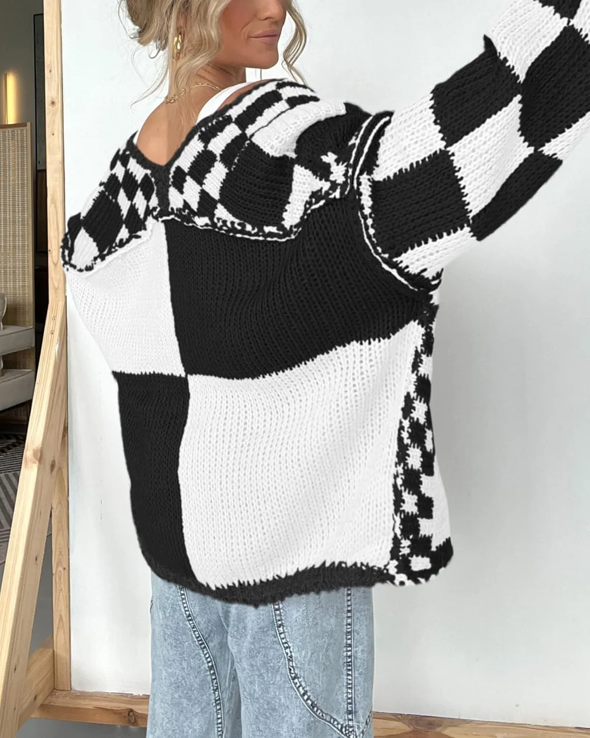 BTFBM Casual Womens Open Front Long Sleeve Chunky Knit Cardigan Sweater Checkered Knit Cardigan Sweaters Coat