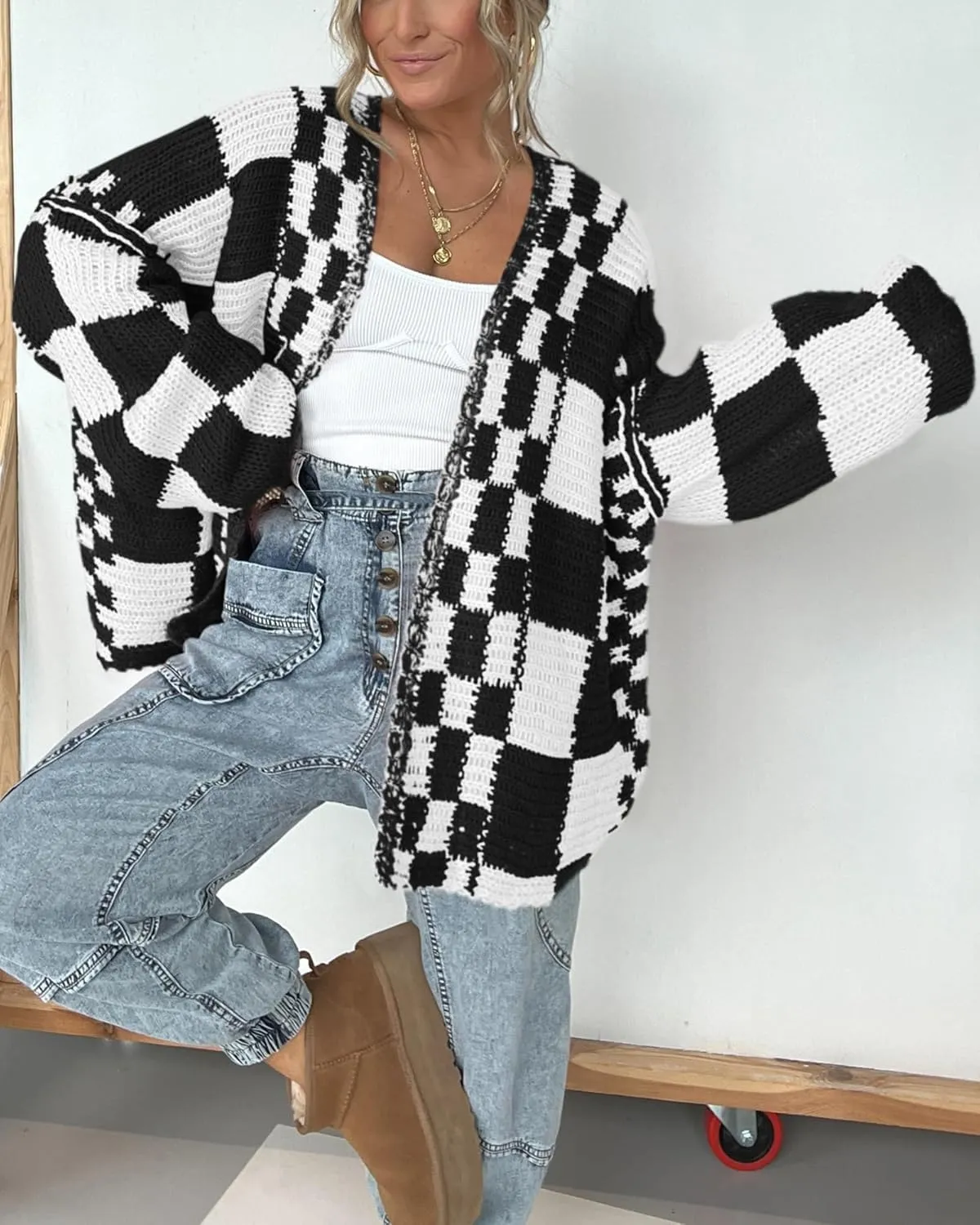 BTFBM Casual Womens Open Front Long Sleeve Chunky Knit Cardigan Sweater Checkered Knit Cardigan Sweaters Coat
