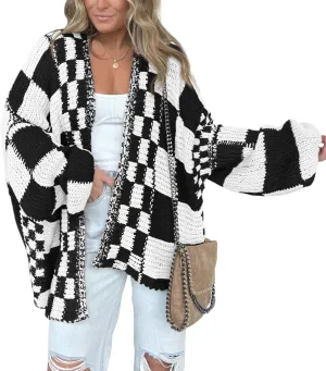 BTFBM Casual Womens Open Front Long Sleeve Chunky Knit Cardigan Sweater Checkered Knit Cardigan Sweaters Coat